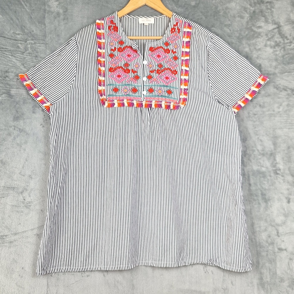 Womens Top 2XLโ Boho Peasant Hippie Retro Striped Floral Embroidered Fringe